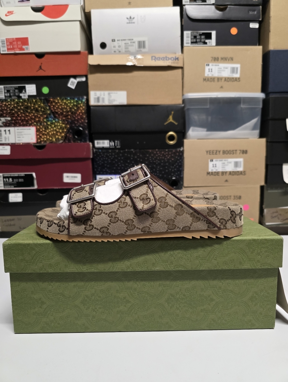 Gucci GG Size 44 (11) Beige/Brown Canvas and Leather Double Buckle Slide Sandals - Picture 3 of 11